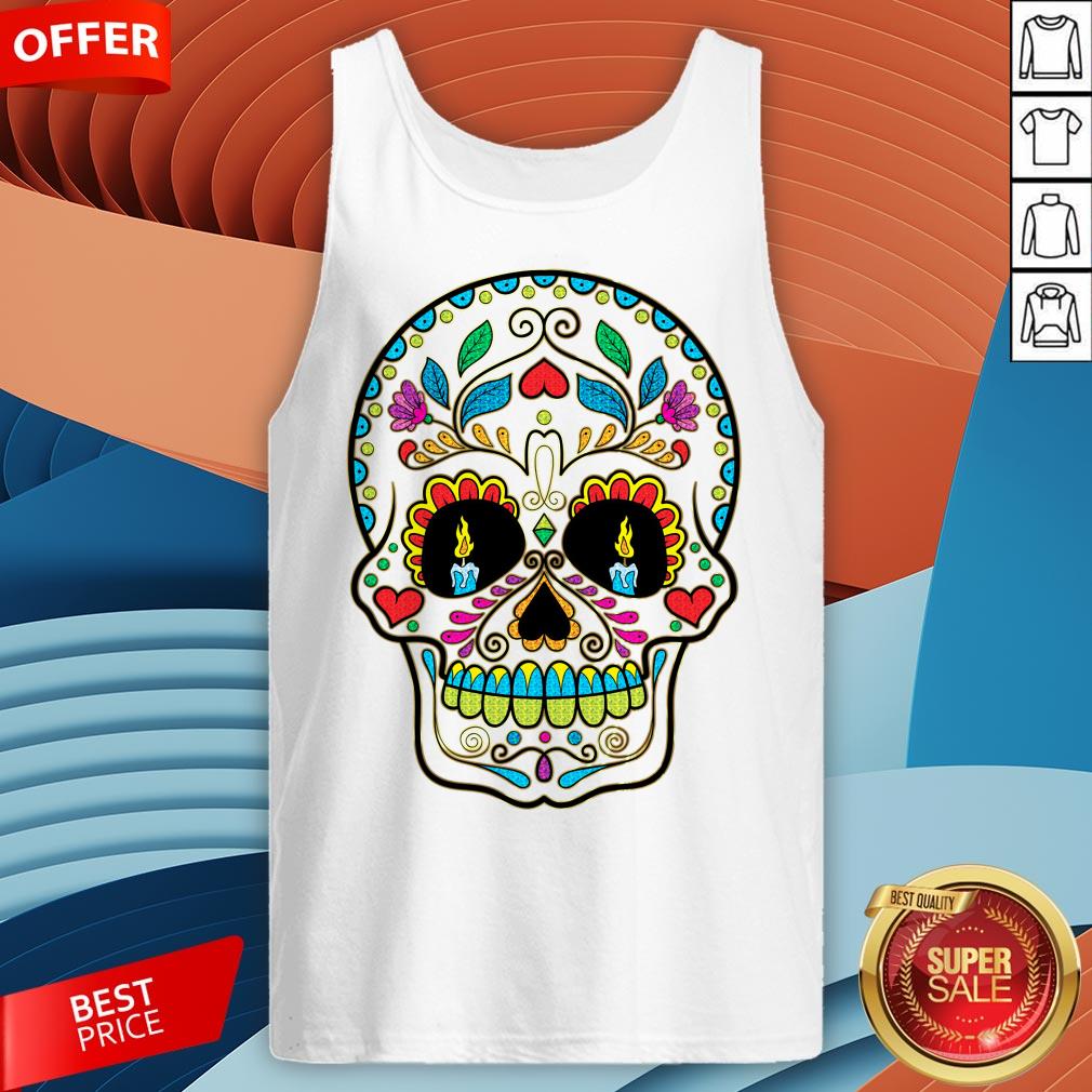 Colorful Retro Floral Sugar Skull Day Of The Dead Dia De Los Muertos Shirt - Image 3