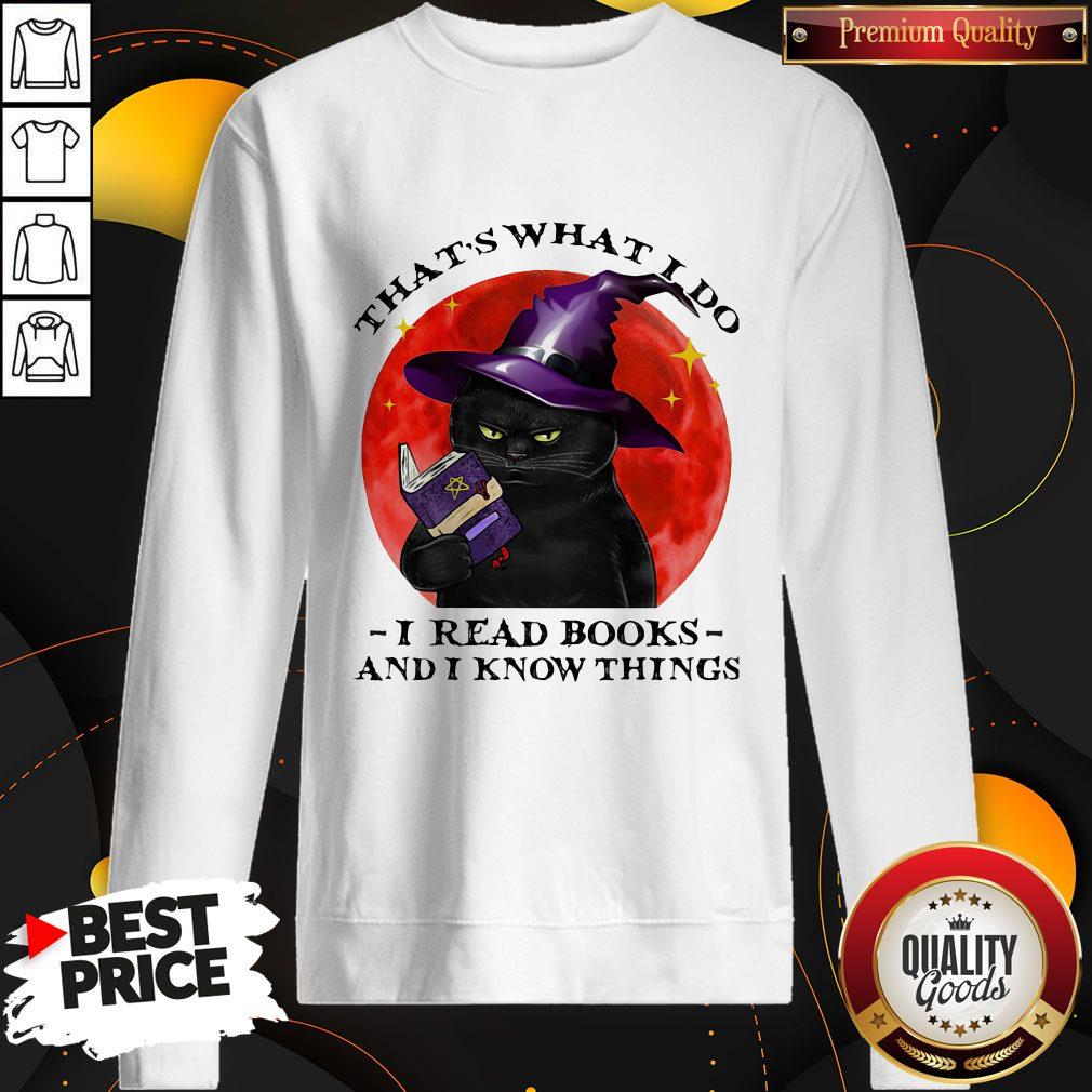 Cute Black Cat Witch That's What I Do I Read Books And I Know Things Sunset Halloween Shirt - Image 4