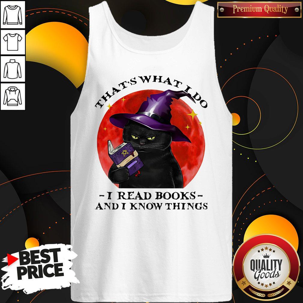 Cute Black Cat Witch That's What I Do I Read Books And I Know Things Sunset Halloween Shirt - Image 3