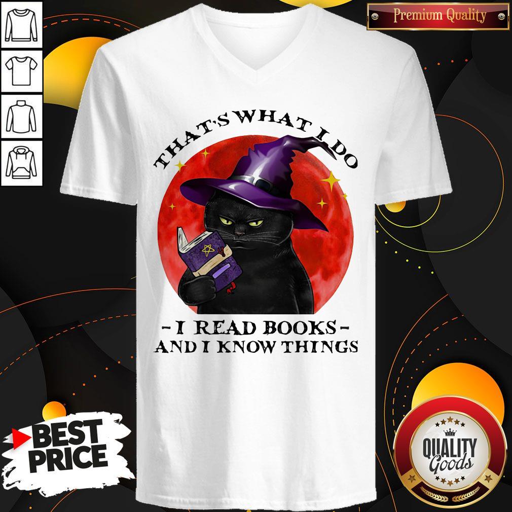 Cute Black Cat Witch That's What I Do I Read Books And I Know Things Sunset Halloween Shirt - Image 2