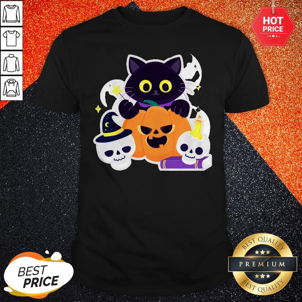Cute Halloween Cat With Pumpkin And Ghost Shirt