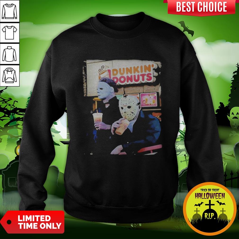 Cute Halloween Horror Characters Drinking Dunkin Donuts Shirt - Image 4