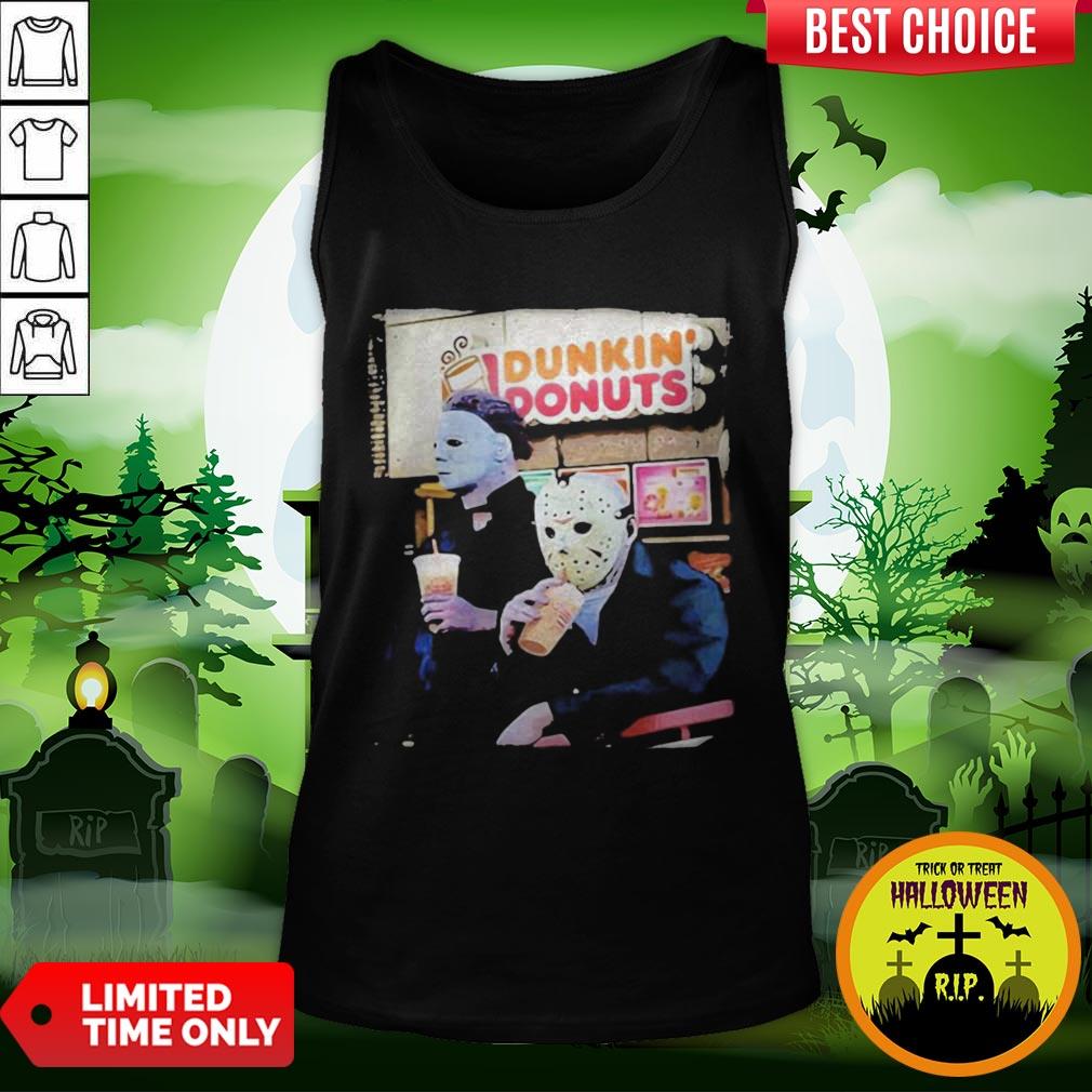 Cute Halloween Horror Characters Drinking Dunkin Donuts Shirt - Image 3