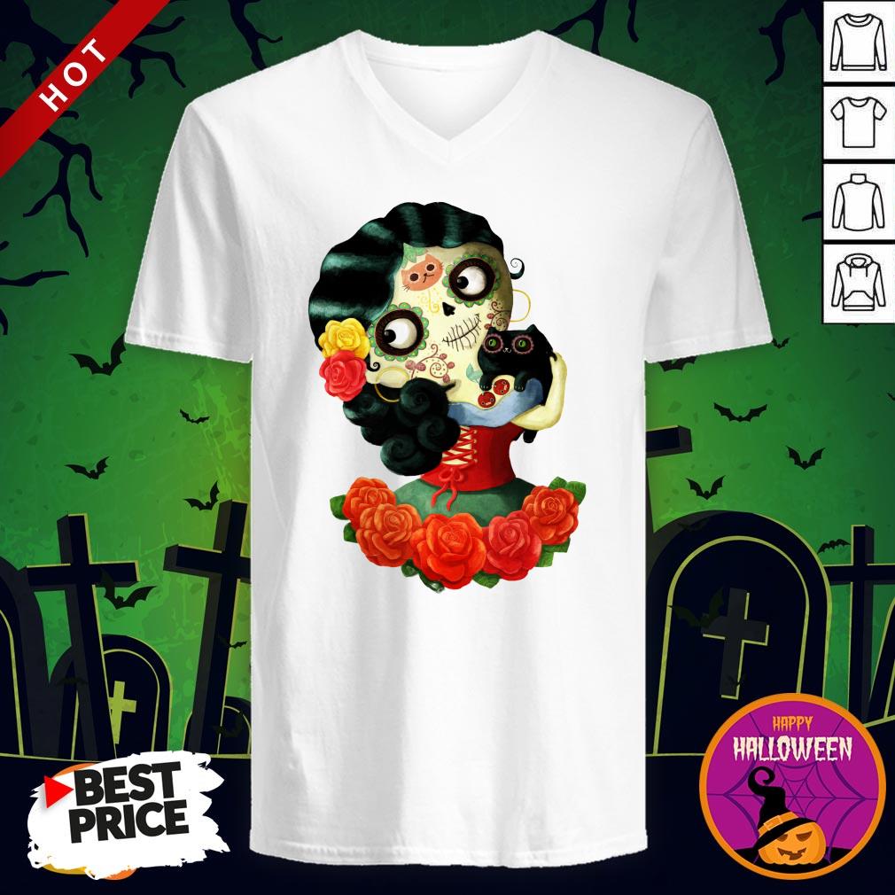 Cute Mexican Day Of The Dead Girl Sugar Skull Shirt - Image 3