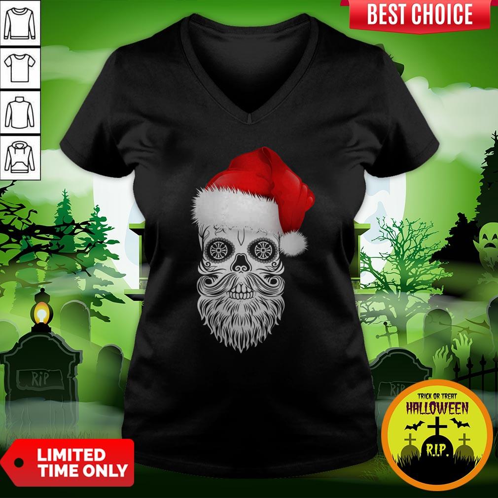 Day Of The Dead Dia De Los Muertos Sugar Skull With Santa Hat Shirt - Image 2