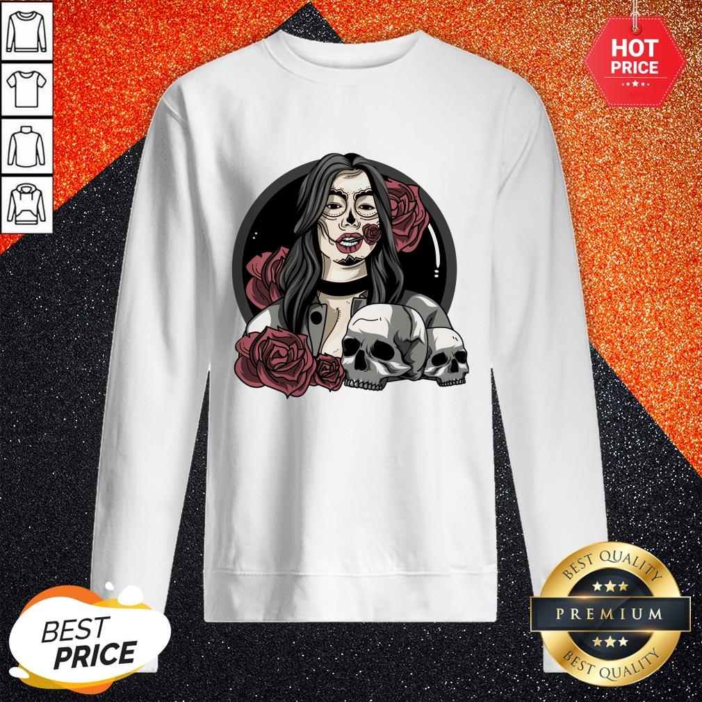 Day Of The Dead Halloween Catrina Sugar Skull Shirt - Image 4