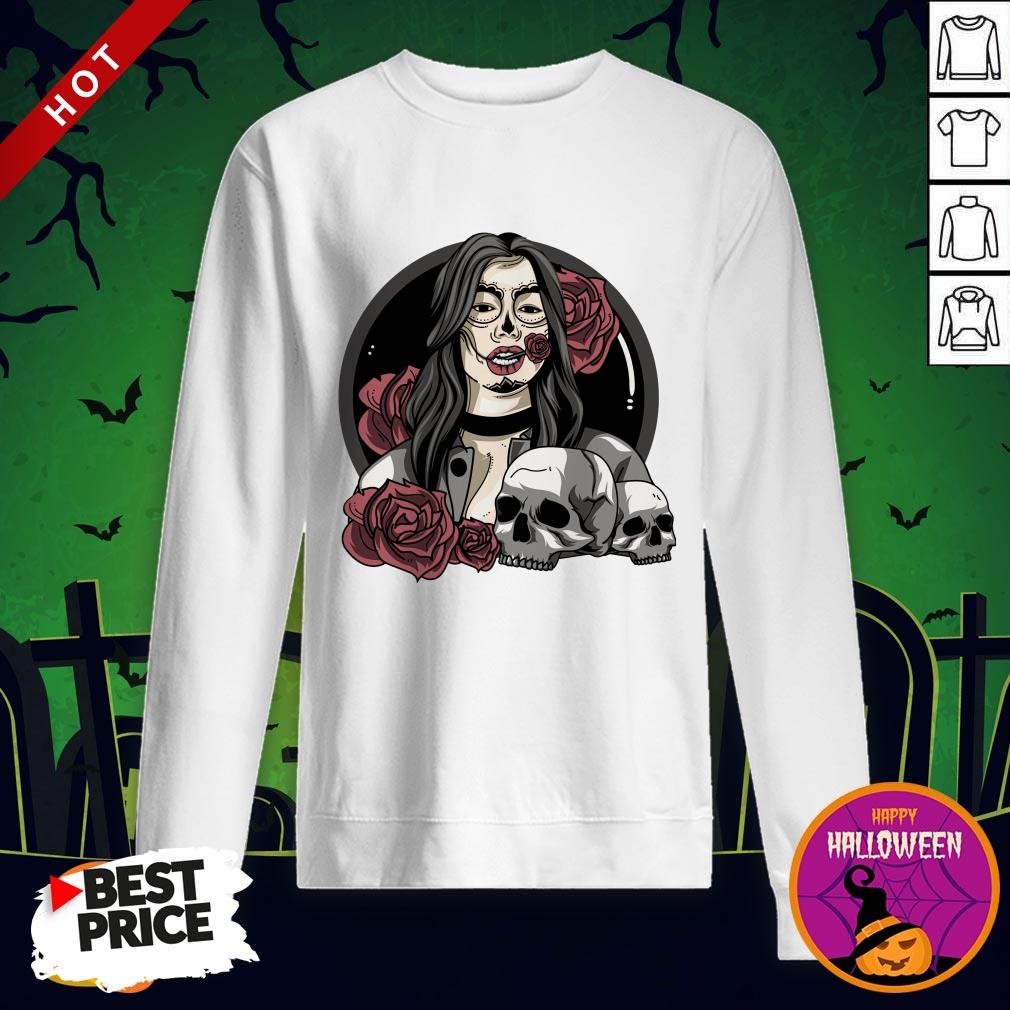 Day Of The Dead Halloween Catrina Sugar Skull Yellow Shirt - Image 4