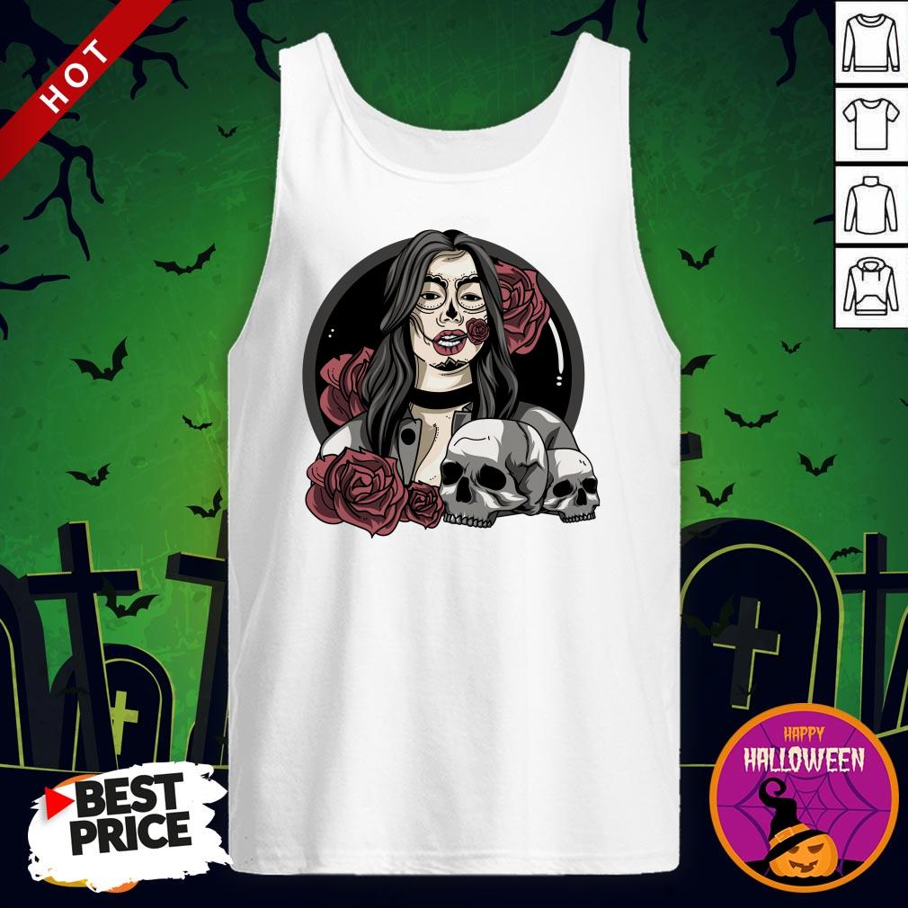Day Of The Dead Halloween Catrina Sugar Skull Yellow Shirt - Image 3