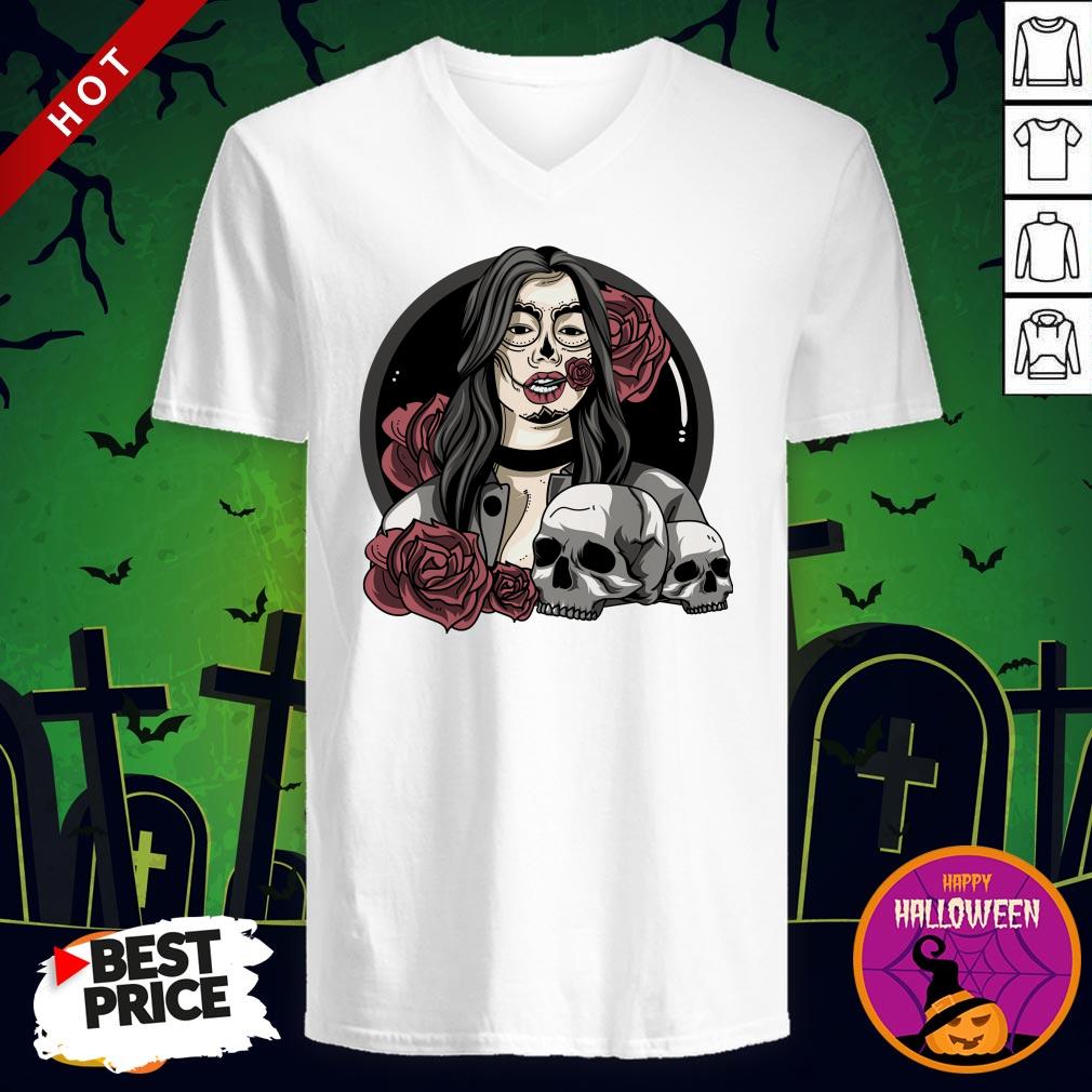 Day Of The Dead Halloween Catrina Sugar Skull Yellow Shirt - Image 2