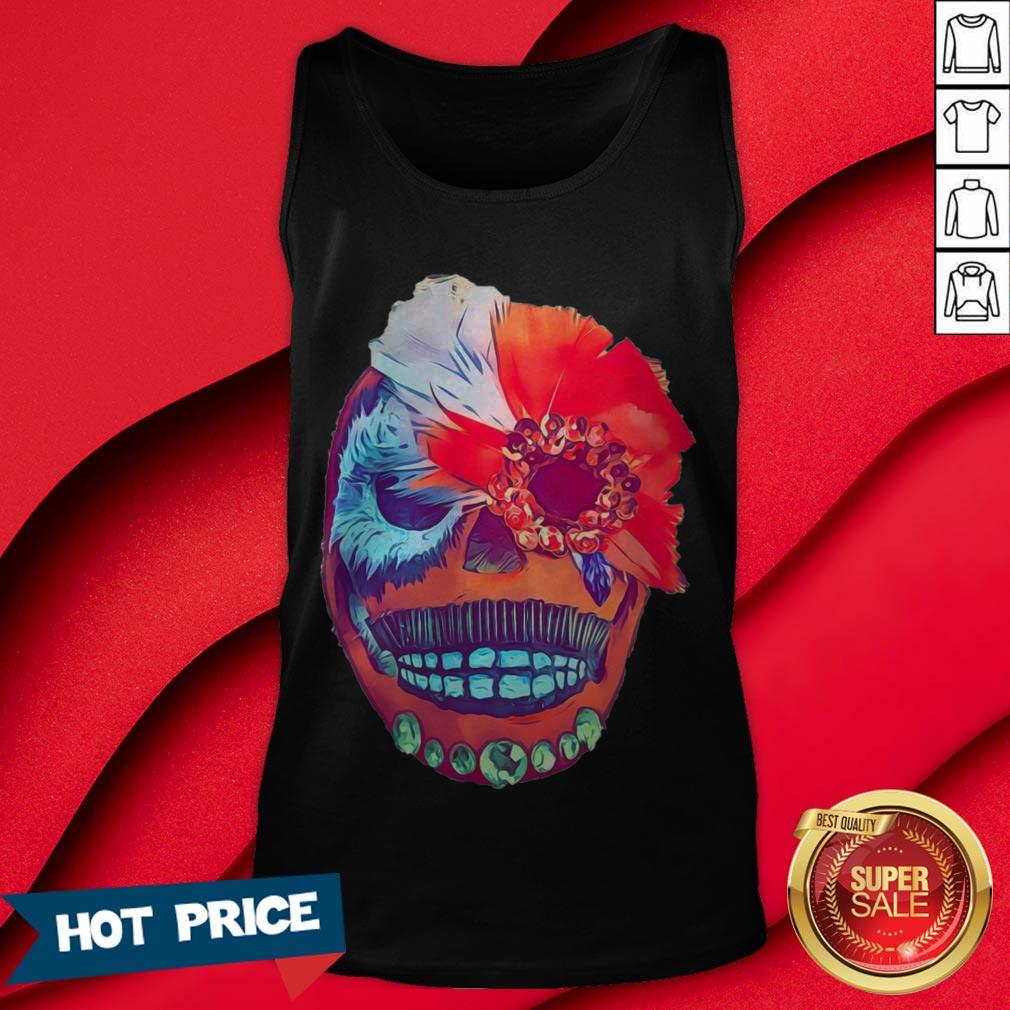 Day Of The Dead Sugar Skull Portrait Mexican Red Feather Shirt - Image 2