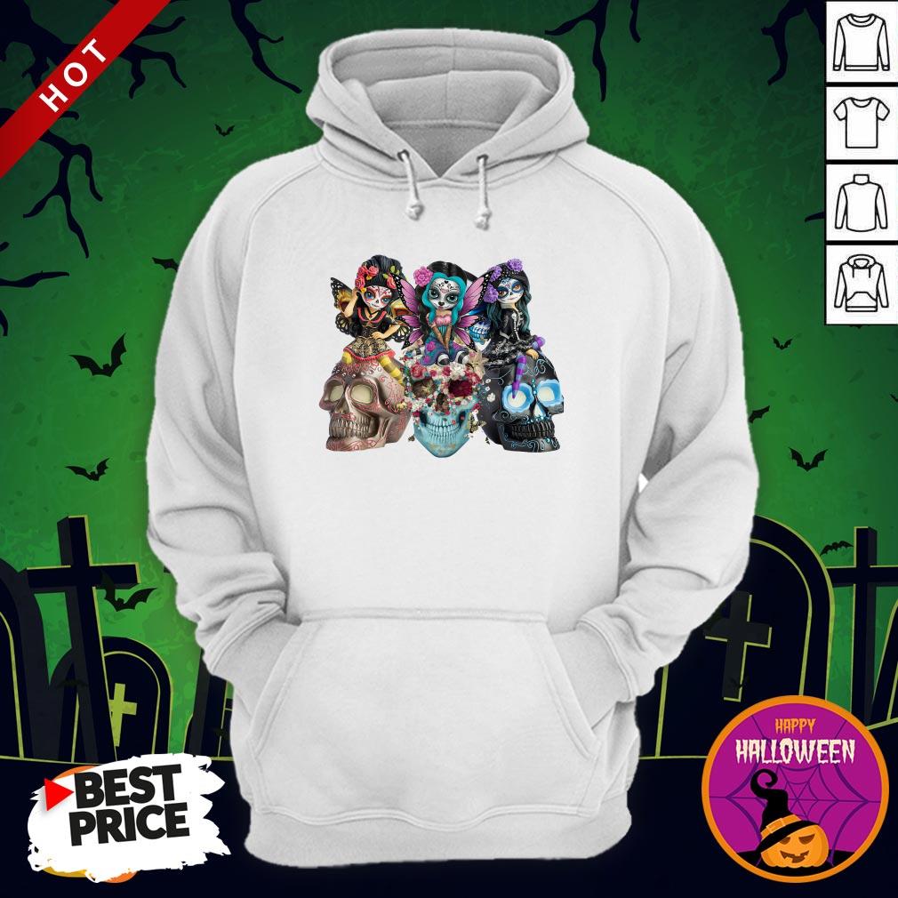 Day Of The Dead Three Sugar Skulls Flowers Angels Skull Shirt - Image 5