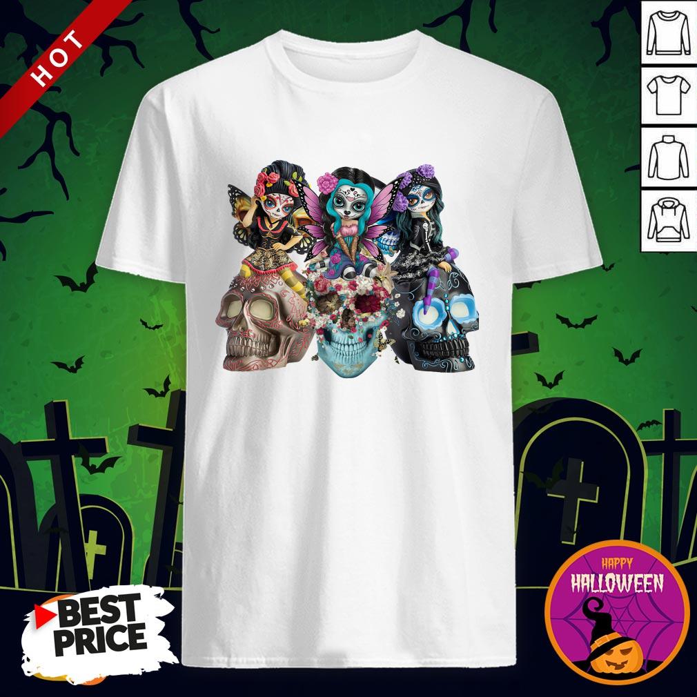 Day Of The Dead Three Sugar Skulls Flowers Angels Skull Shirt