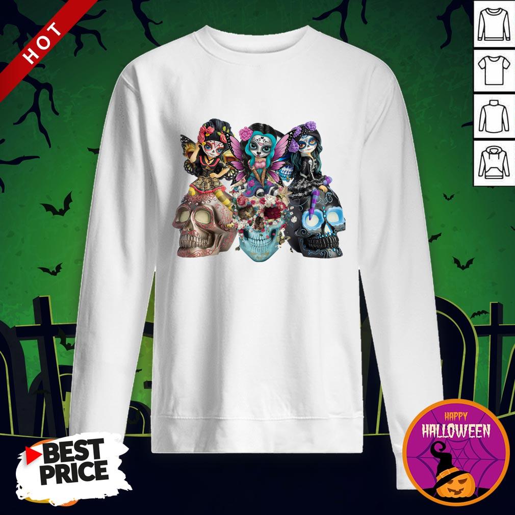 Day Of The Dead Three Sugar Skulls Flowers Angels Skull Shirt - Image 4