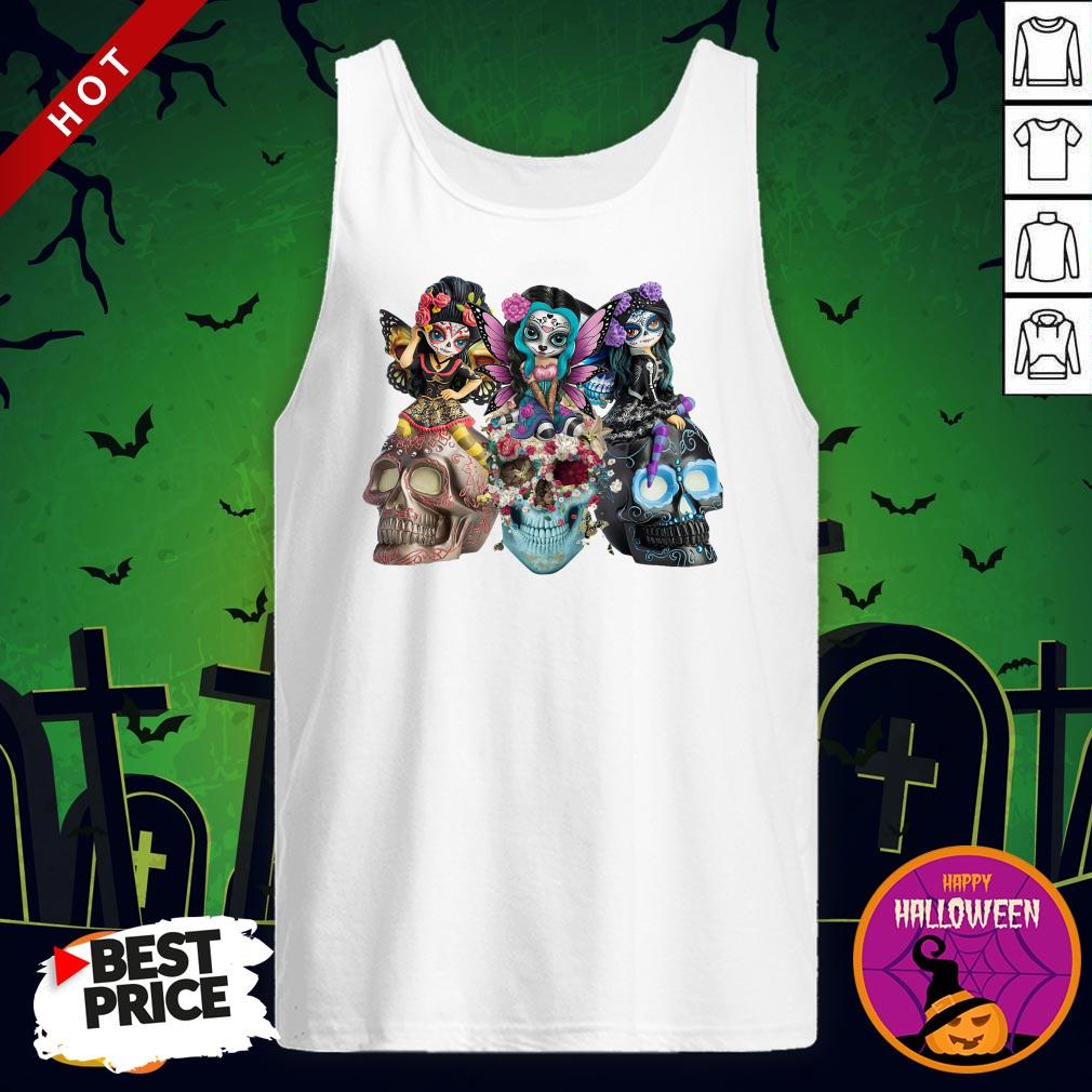 Day Of The Dead Three Sugar Skulls Flowers Angels Skull Shirt - Image 3
