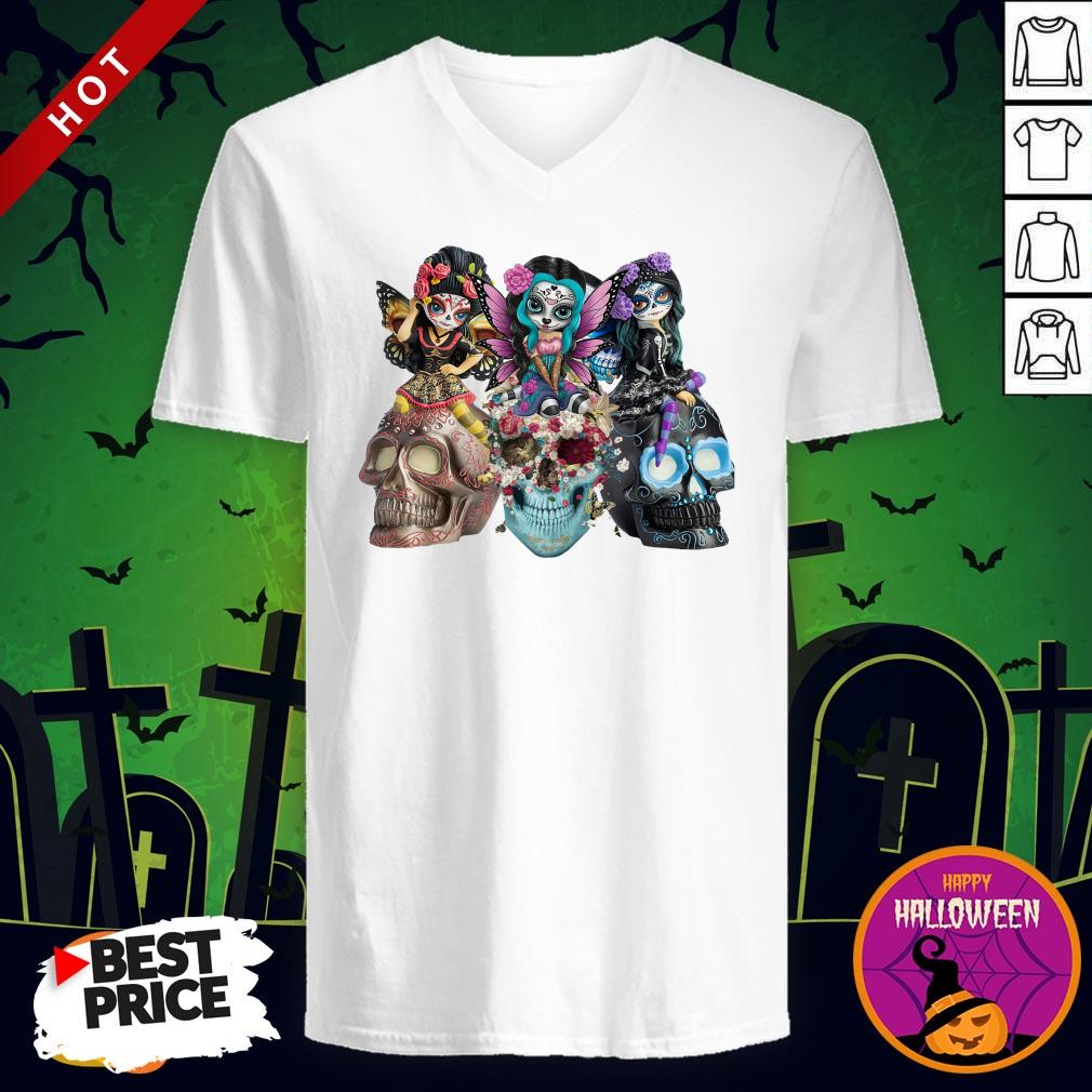 Day Of The Dead Three Sugar Skulls Flowers Angels Skull Shirt - Image 2