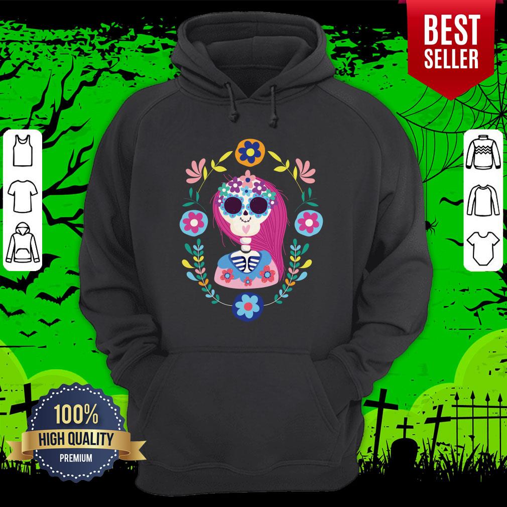 Dia De Los Muertos Day Of Dead Skeleton Girl Pink Hair Shirt - Image 3