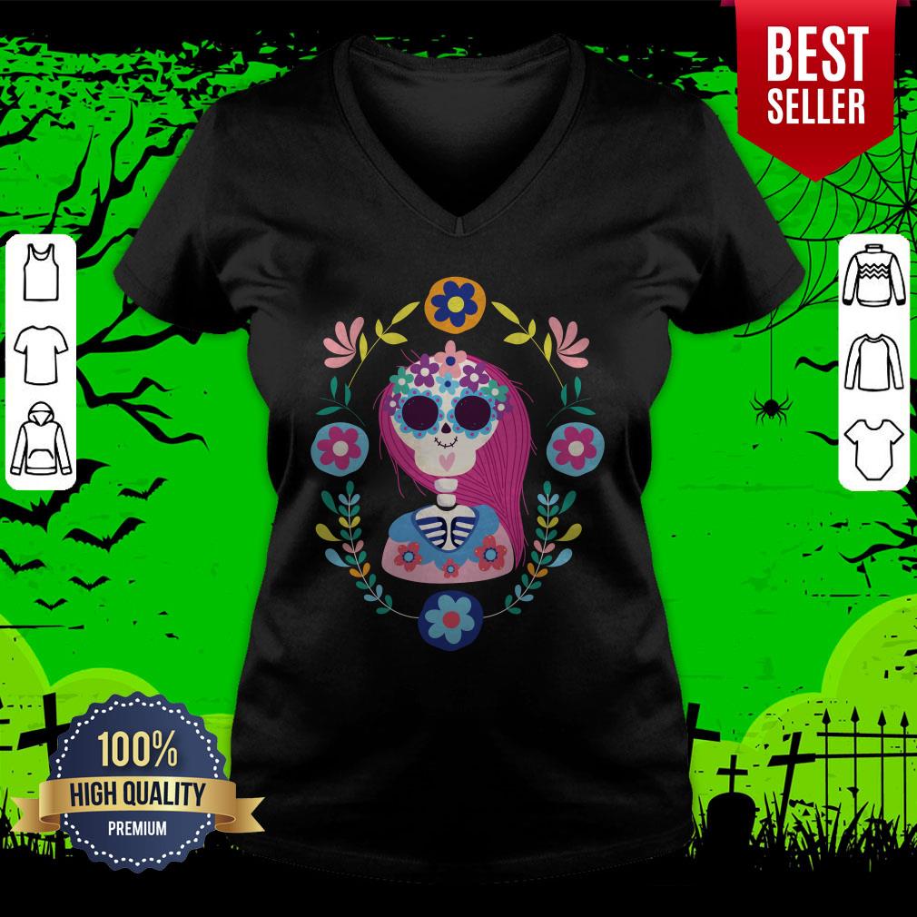 Dia De Los Muertos Day Of Dead Skeleton Girl Pink Hair Shirt - Image 4