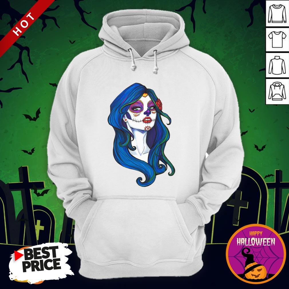 Dia De Los Muertos Day Of Dead Sugar Skull Blue Hair Shirt - Image 5