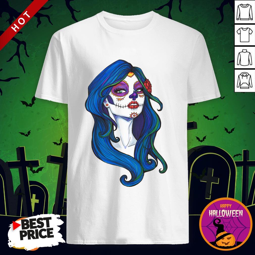 Dia De Los Muertos Day Of Dead Sugar Skull Blue Hair Shirt