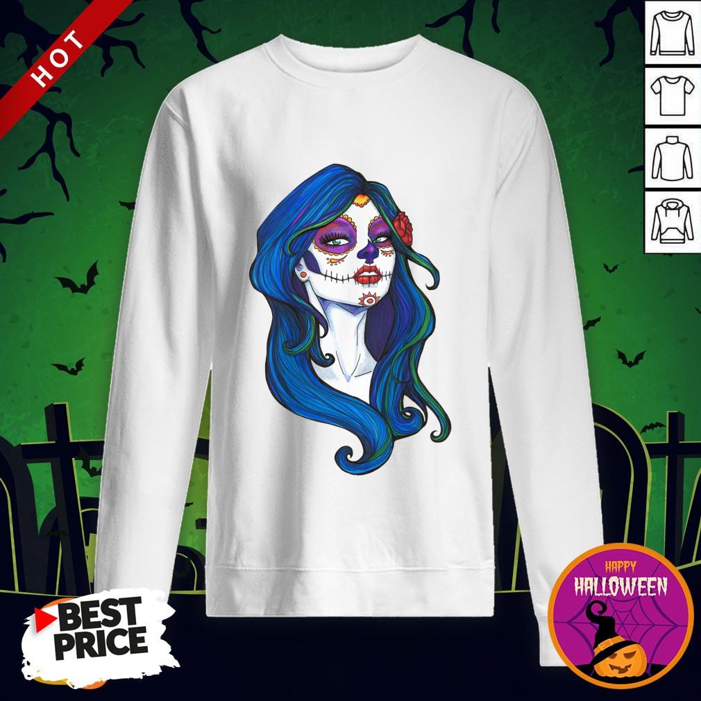 Dia De Los Muertos Day Of Dead Sugar Skull Blue Hair Shirt - Image 4