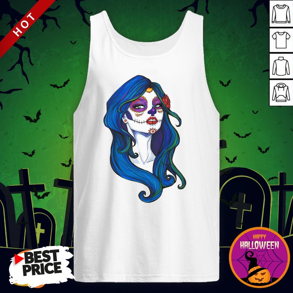 Dia De Los Muertos Day Of Dead Sugar Skull Blue Hair Shirt - Image 3