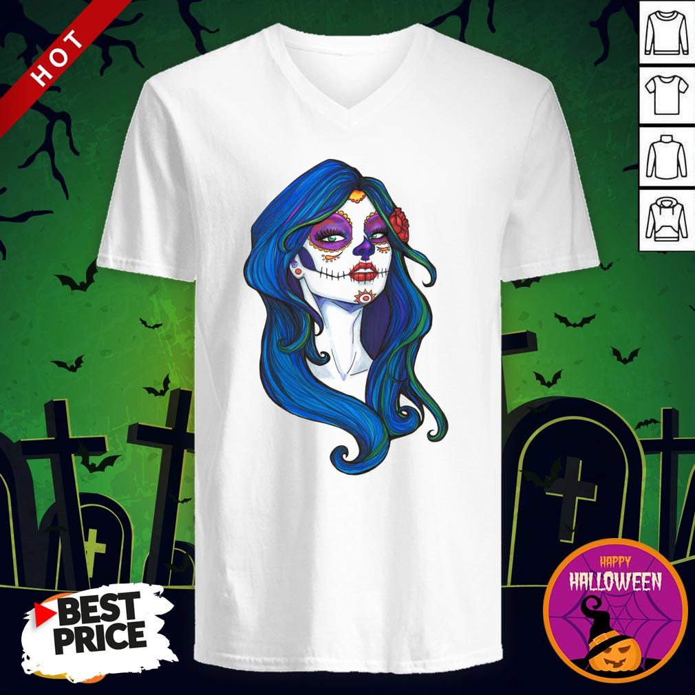 Dia De Los Muertos Day Of Dead Sugar Skull Blue Hair Shirt - Image 2
