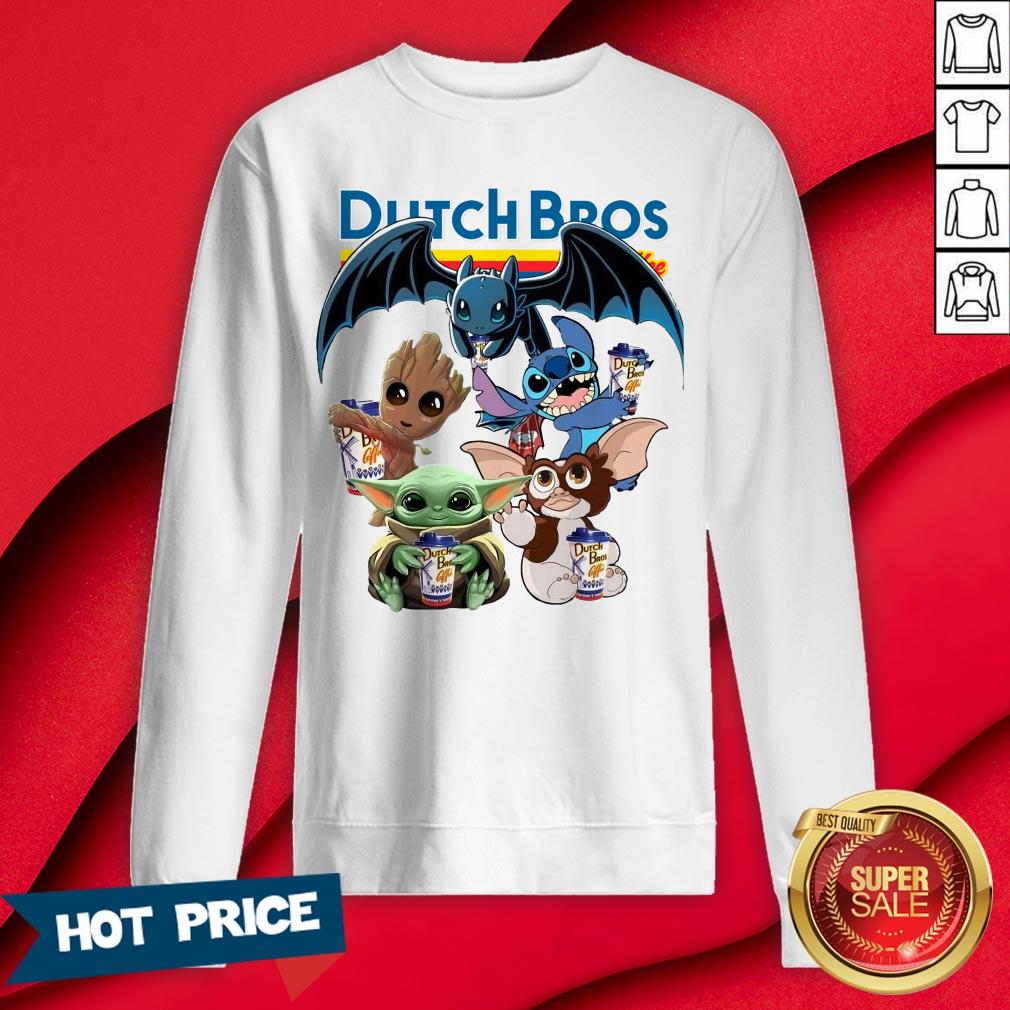 Dutch Bros Coffee Baby Yoda Groot Stitch Toothless And Gremlins Shirt - Image 4