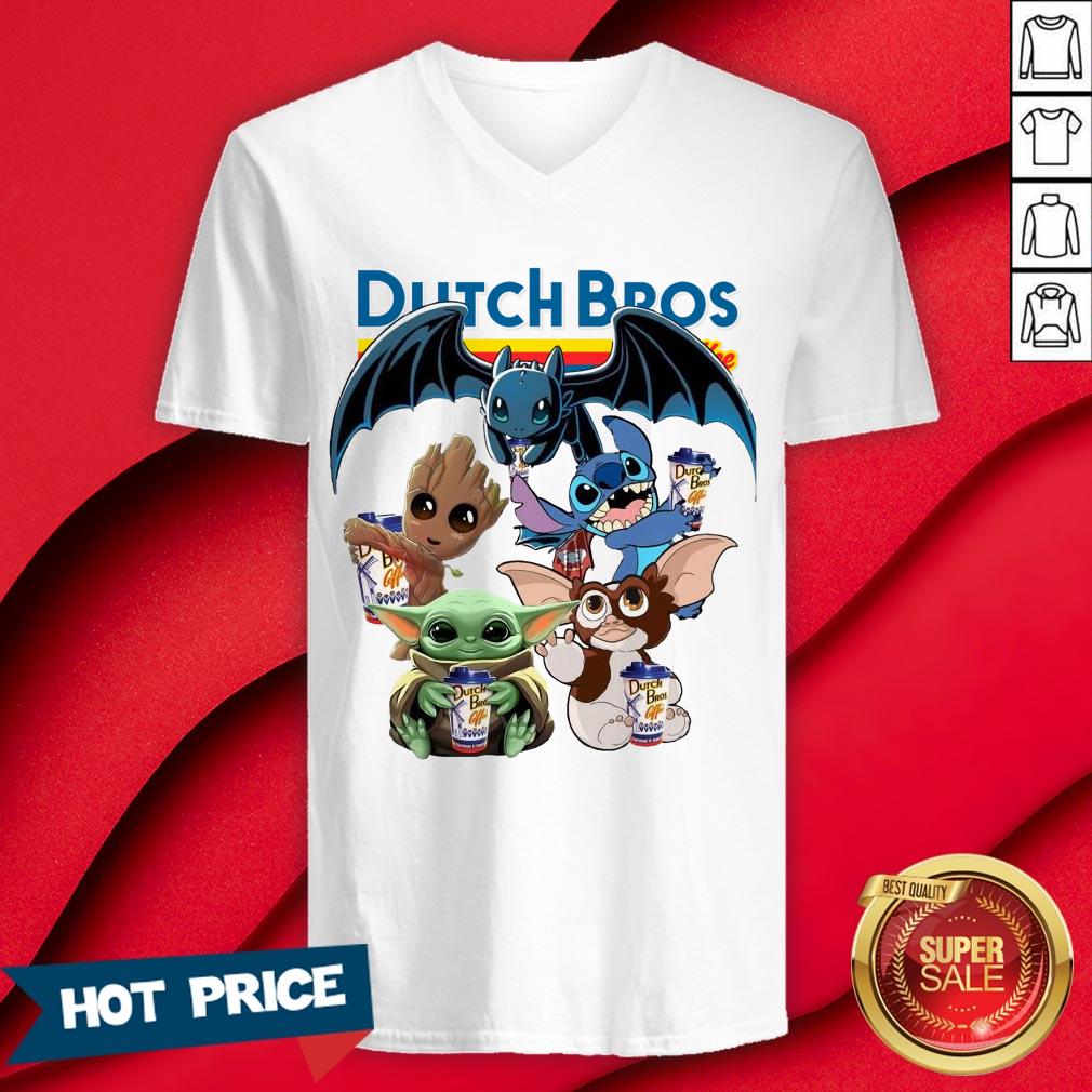 Dutch Bros Coffee Baby Yoda Groot Stitch Toothless And Gremlins Shirt - Image 3