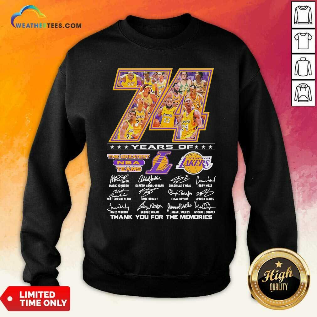 Funny 74 Years Of Los Angeles Lakers Thank You For The Memories Signatures Shirt - Image 2