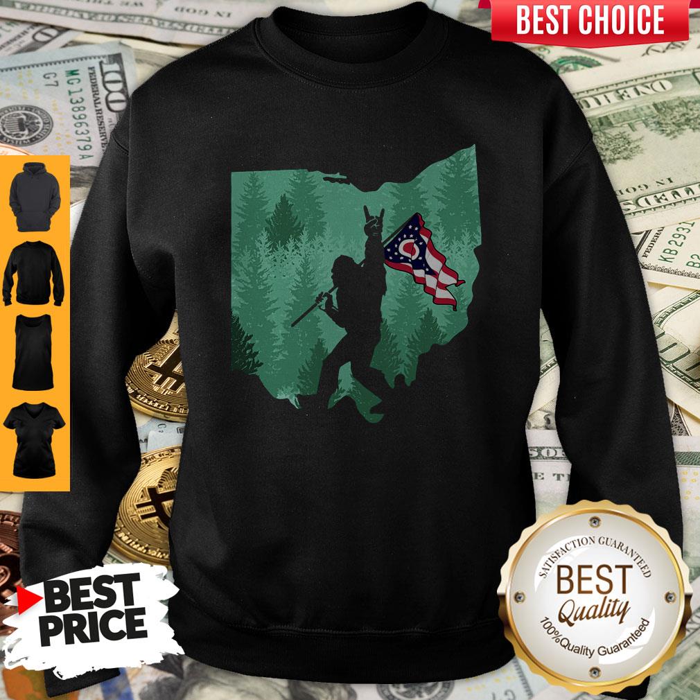 Funny Bigfoot Rock And Roll Ohio Flag In The Forest T-Shirt - Image 2