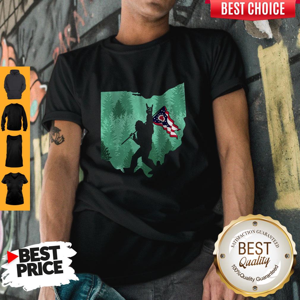 Funny Bigfoot Rock And Roll Ohio Flag In The Forest T-Shirt