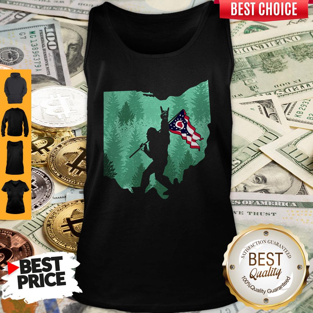 Funny Bigfoot Rock And Roll Ohio Flag In The Forest T-Shirt - Image 4