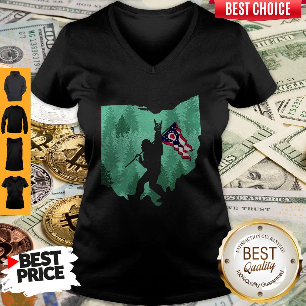 Funny Bigfoot Rock And Roll Ohio Flag In The Forest T-Shirt - Image 5