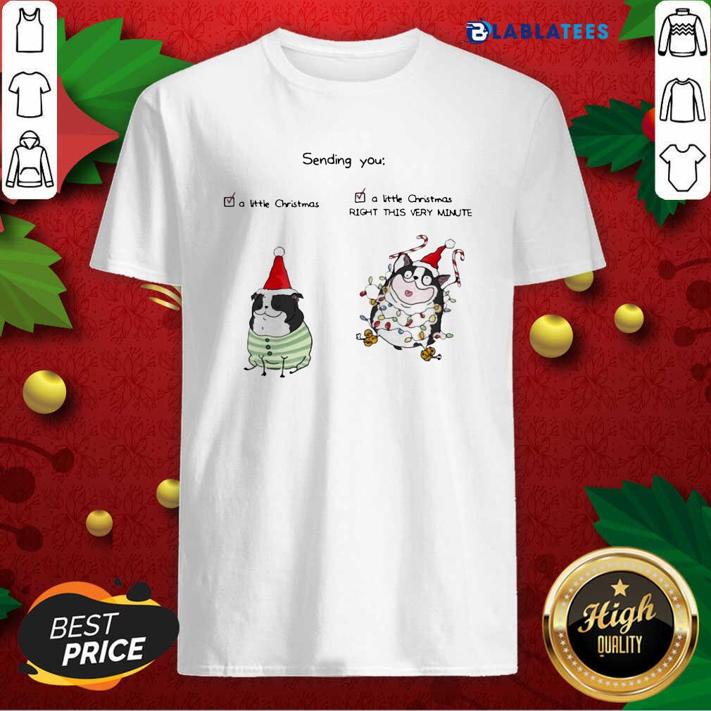 Funny Boston Terrier Sending You A Little Christmas A Little Christmas Right This Very Minute Shirt