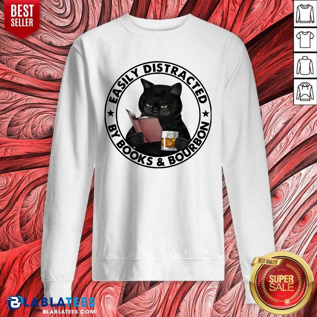 Funny Easily Distracted By Books And Bourbon Cat Shirt - Image 4