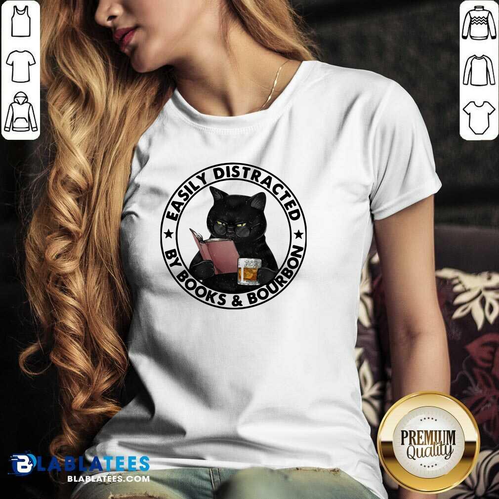 Funny Easily Distracted By Books And Bourbon Cat Shirt - Image 5