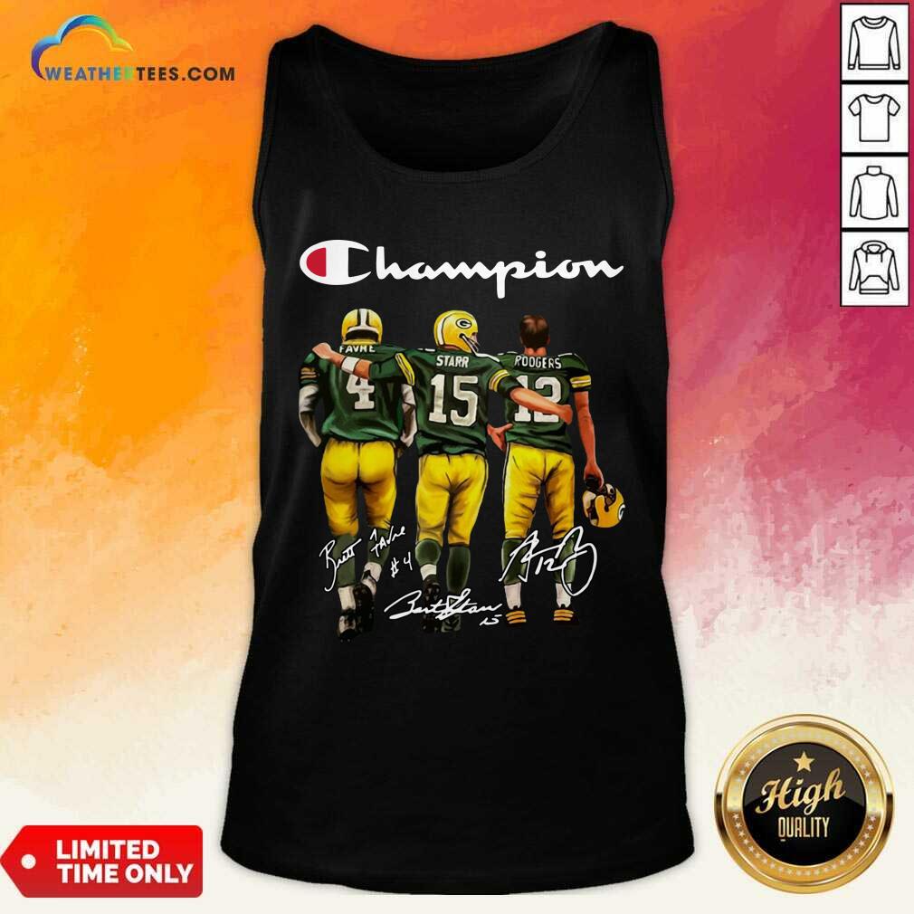 Funny Green Bay Packers Champion Favre Starr Rodgers Signatures Shirt - Image 3