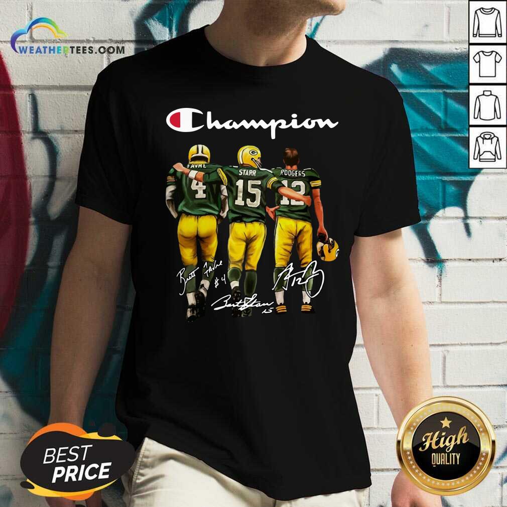Funny Green Bay Packers Champion Favre Starr Rodgers Signatures Shirt - Image 2