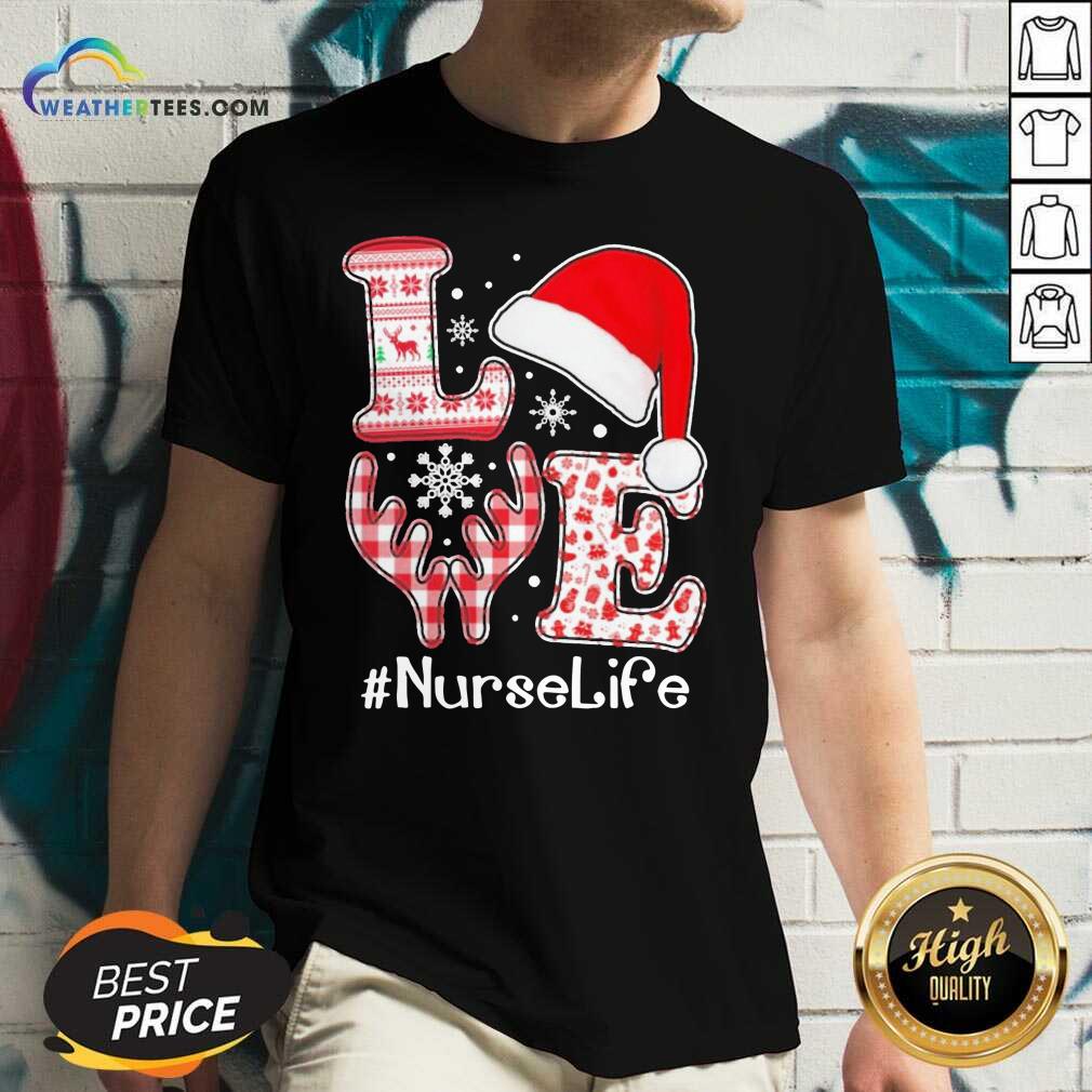 Funny Love Hat Santa And Reindeer #Nurselife Ugly Christmas Shirt - Image 2