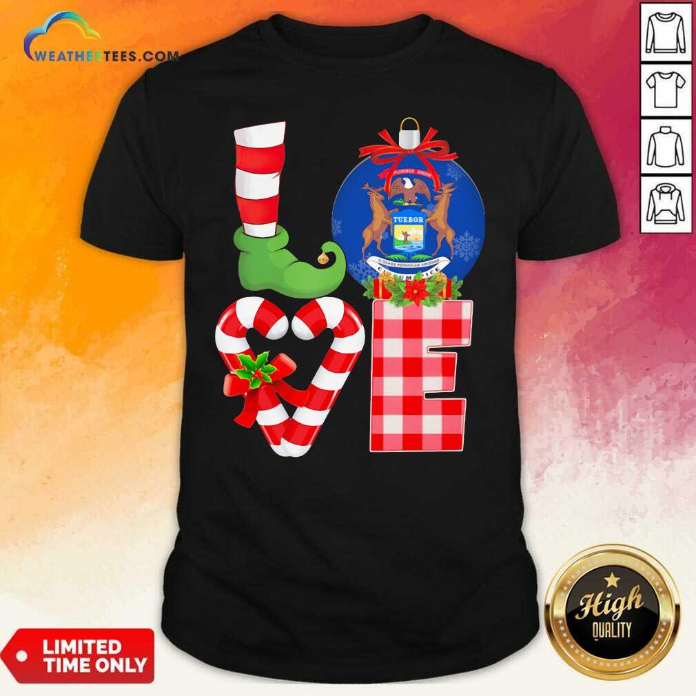 Funny Love Michigan State Flag Pajama Elf Merry Christmas Shirt