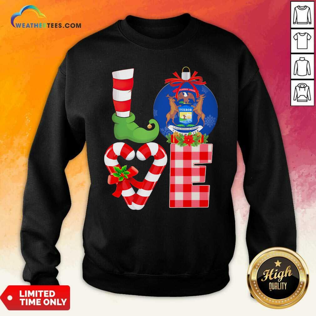 Funny Love Michigan State Flag Pajama Elf Merry Christmas Shirt - Image 3