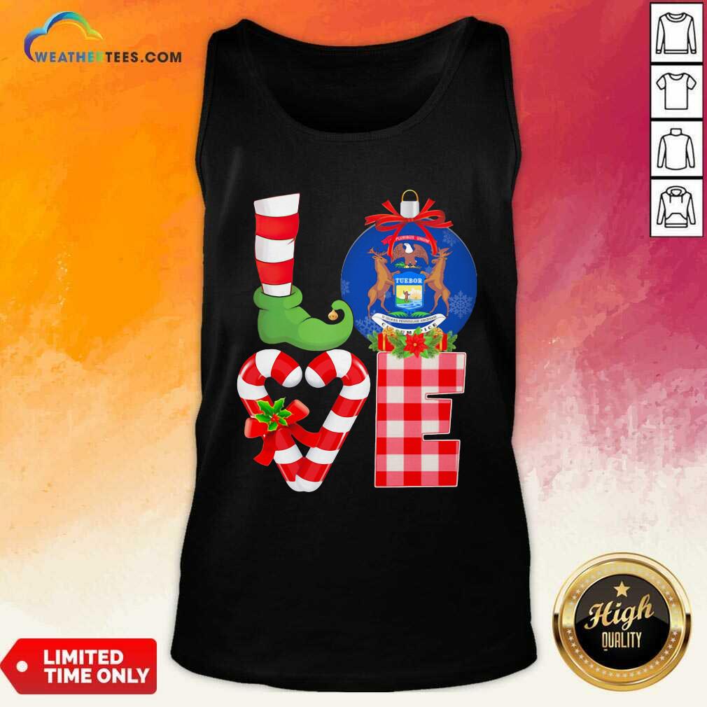 Funny Love Michigan State Flag Pajama Elf Merry Christmas Shirt - Image 4