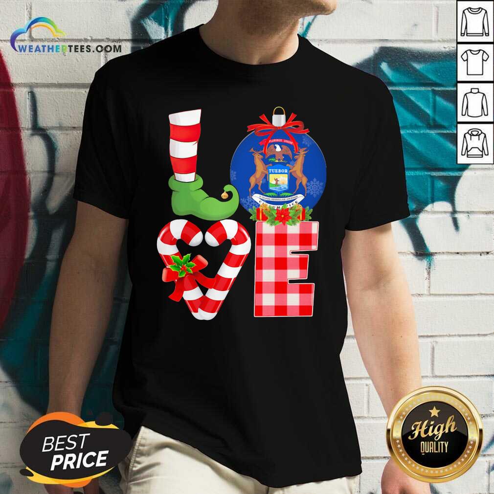 Funny Love Michigan State Flag Pajama Elf Merry Christmas Shirt - Image 5