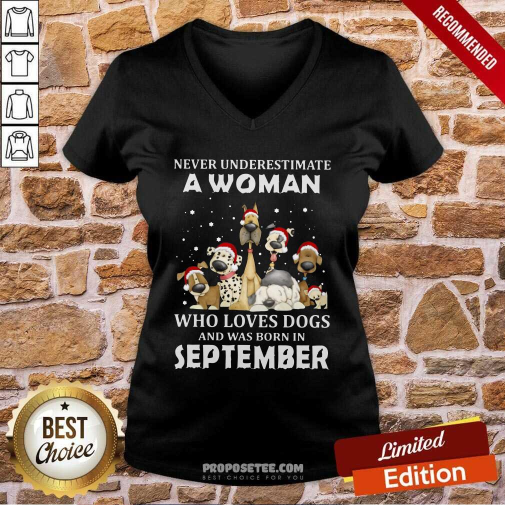 Funny Never Underestimate A Woman Who Loves Dogs And Was Born In September Christmas Shirt - Image 2
