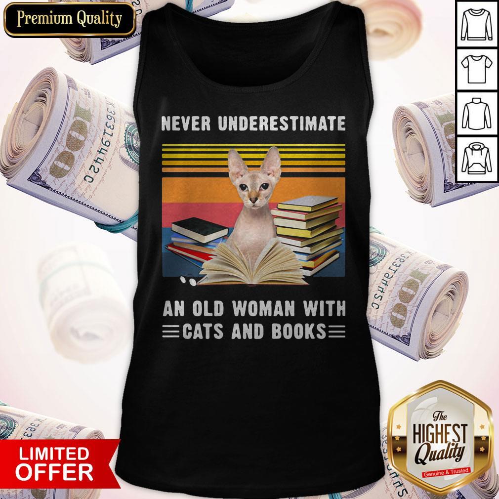 Funny Never Underestimate An Old Woman With Cats And Books Sphynx Cat Vintage Retro Shirt - Image 5