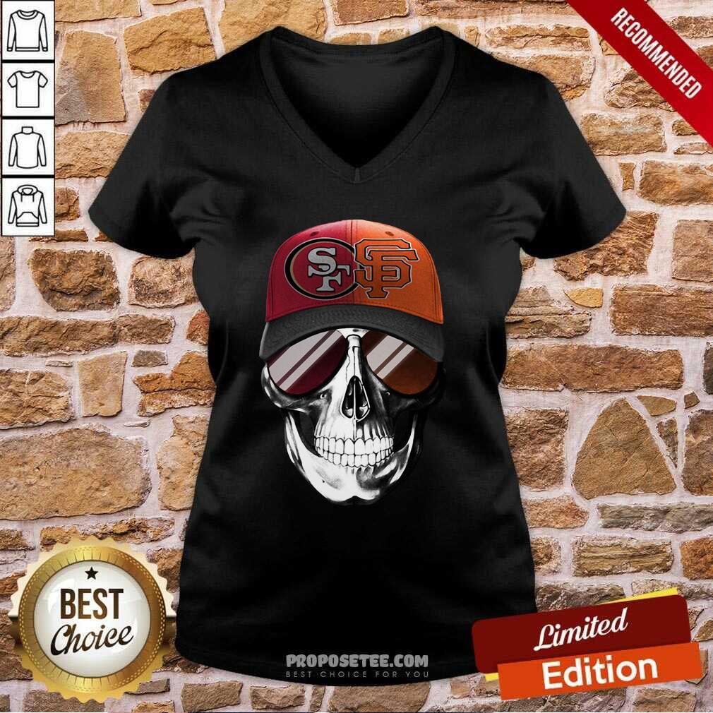 Funny San Francisco 49ers And Los Angeles Lakers Skull Sunglass Shirt - Image 2