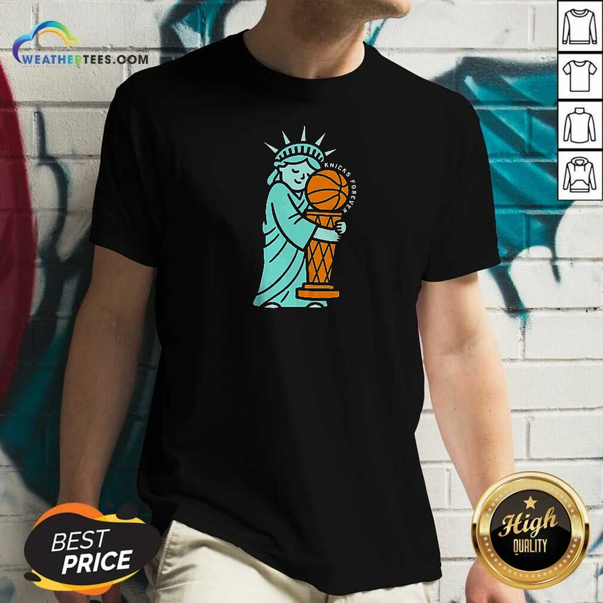 Funny Statue Of Liberty Hug Larry O'Brien Trophy Knicks Forever Shirt - Image 2