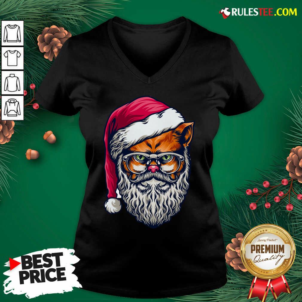 Funny Xmas Wildcat Santa Claus Christmas Wearing Glasses Shirt - Image 3