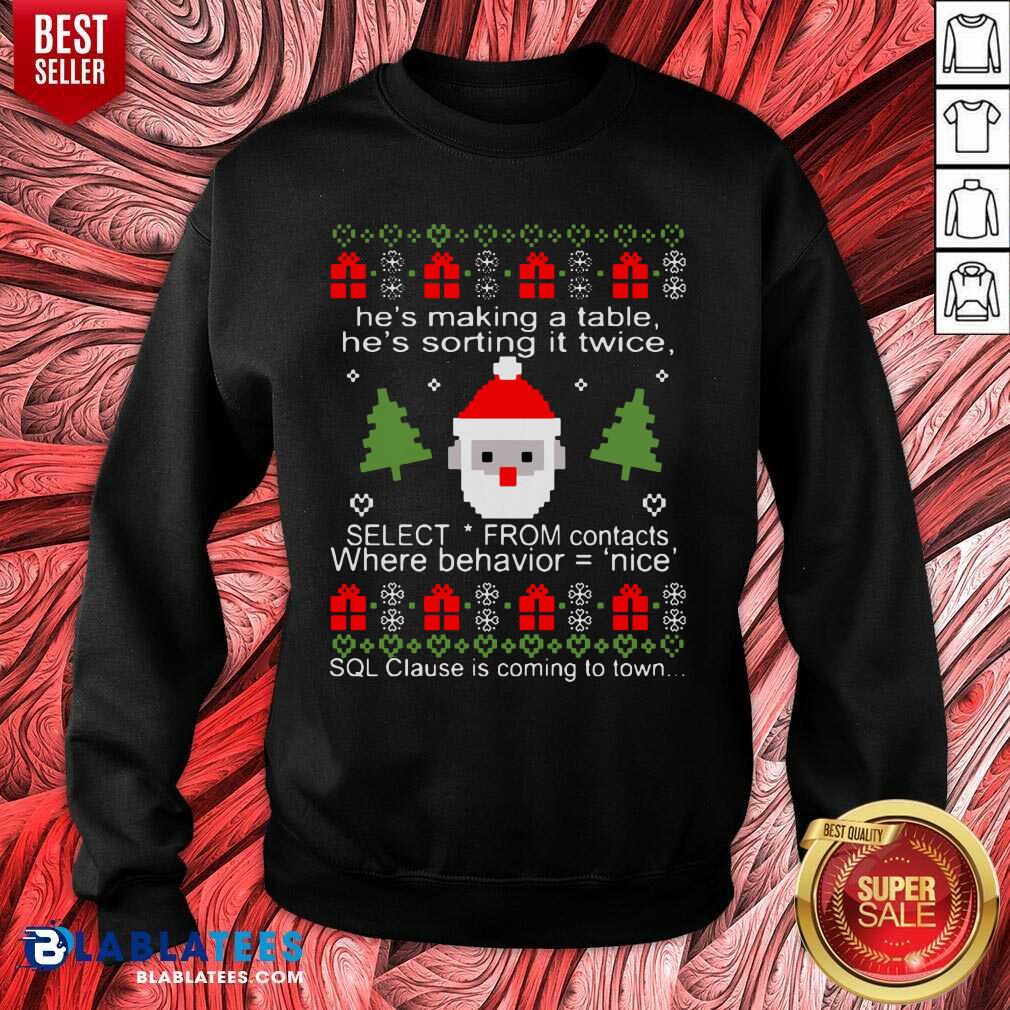Great He'S Making A Table He'S Sorting It Twice Select From Contacts Where Behavior Ugly Christmas Shirt - Image 3