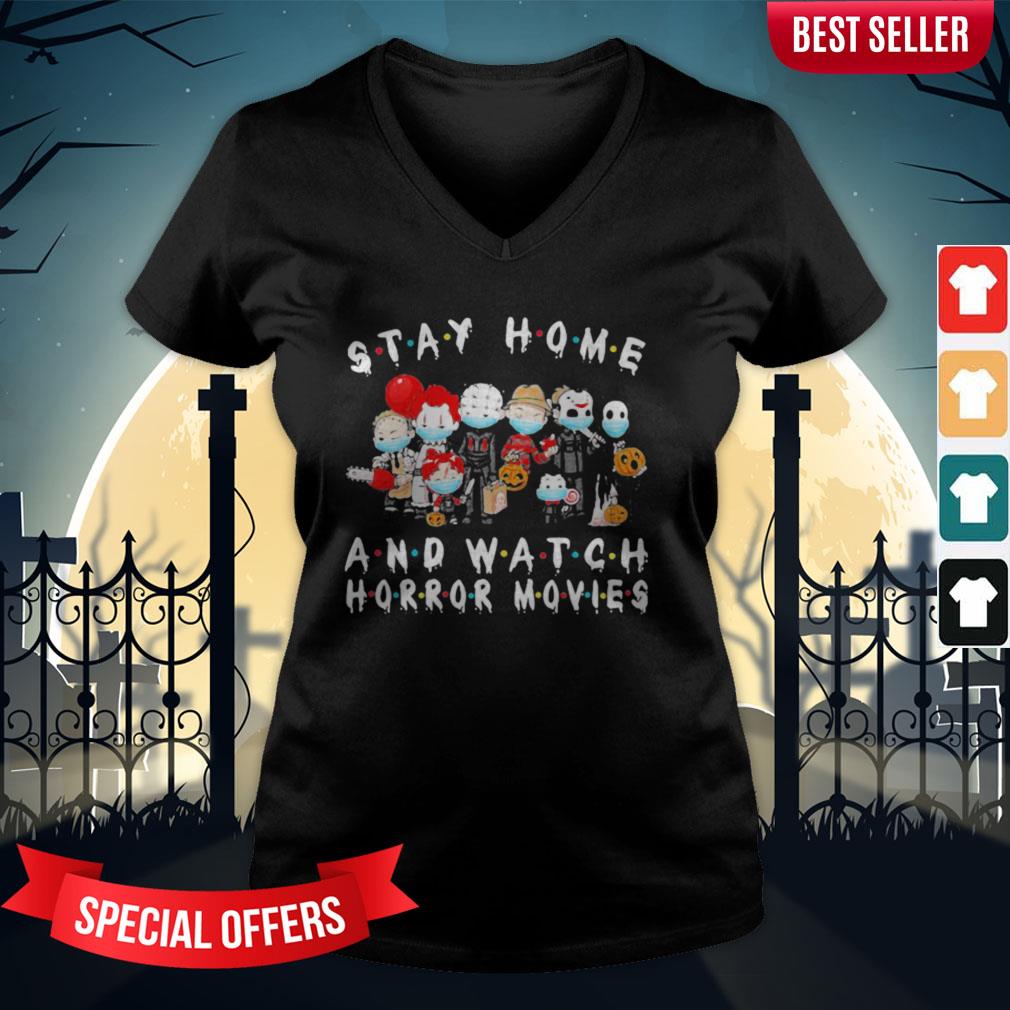 Halloween Horror Characters Mask Stay Home And Watch Horror Movies Shirt - Image 2